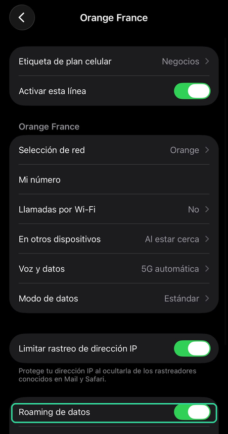 iPhone eSIM line settings with Data Roaming switched on